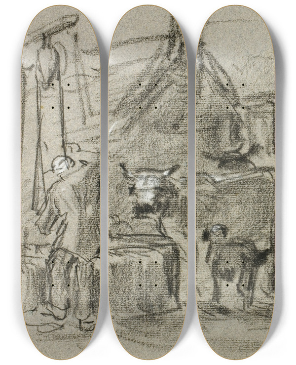 Triptych art skateboard deck of Constant Troyon Farmyard With Man And Cattle by Constant Troyon (1810-1865)