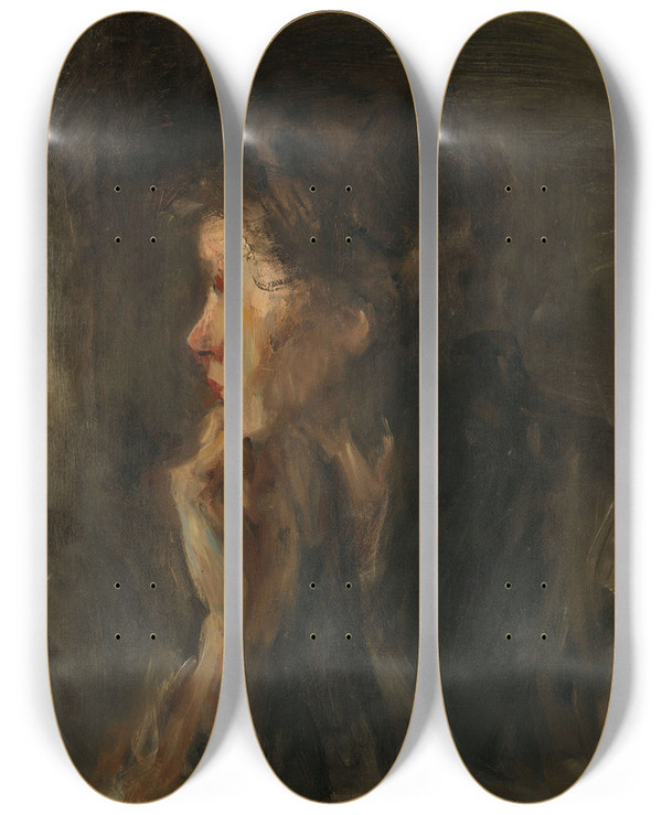 Triptych art skateboard deck of Jozef Israls Meditation by Jozef Israels (1824-1911)