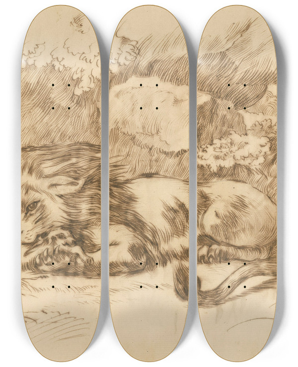 Triptych art skateboard deck of Eugne Delacroix Lion Devouring A Rabbit by Eugene Delacroix (1798-1863)