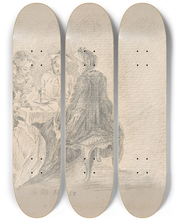Triptych art skateboard deck of Daniel Nikolaus Chodowiecki Four Ladies Sitting Around A Table Occupied With Needlework Reading And Writing by Daniel Nikolaus Chodowiecki (1726-1801)