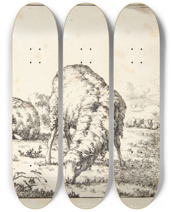 Triptych art skateboard deck of Marcus De Bye Grssende Fr Set Forfra by Marcus de Bye (1638-1688)