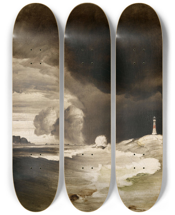 Triptych art skateboard deck of Peder Balke Lighthouse On The Norwegian Coast_2 by Peder Balke (1804-1887)