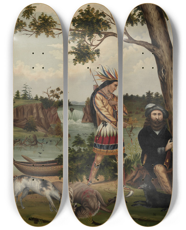 Triptych art skateboard deck of C L Woodhouse Hunter And Indian Guide by C L Woodhouse (1869)