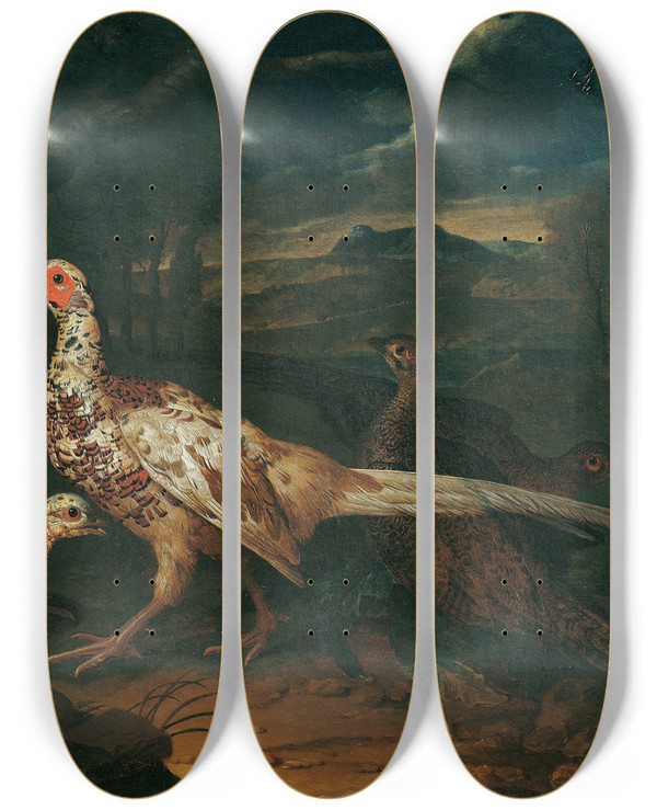 Triptych art skateboard deck of Philipp Ferdinand De Hamilton Pheasants by Philipp Ferdinand De Hamilton (1664-1750)