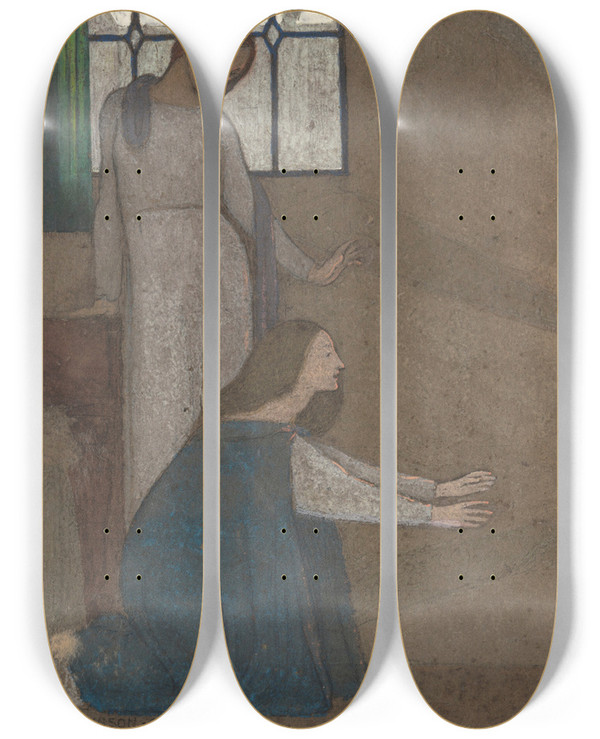 Triptych art skateboard deck of Frederick Cayley Robinson Study For The Lost Child by Frederick Cayley Robinson (1862-1927)