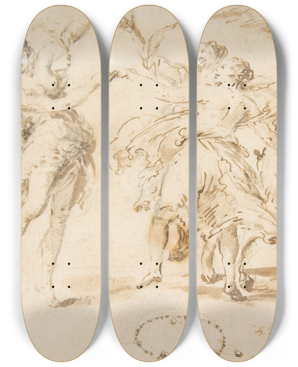 Triptych art skateboard deck of Francesco Zuccarelli Three Dancing Nymphs And A Satyr by Francesco Zuccarelli (1702-1788)