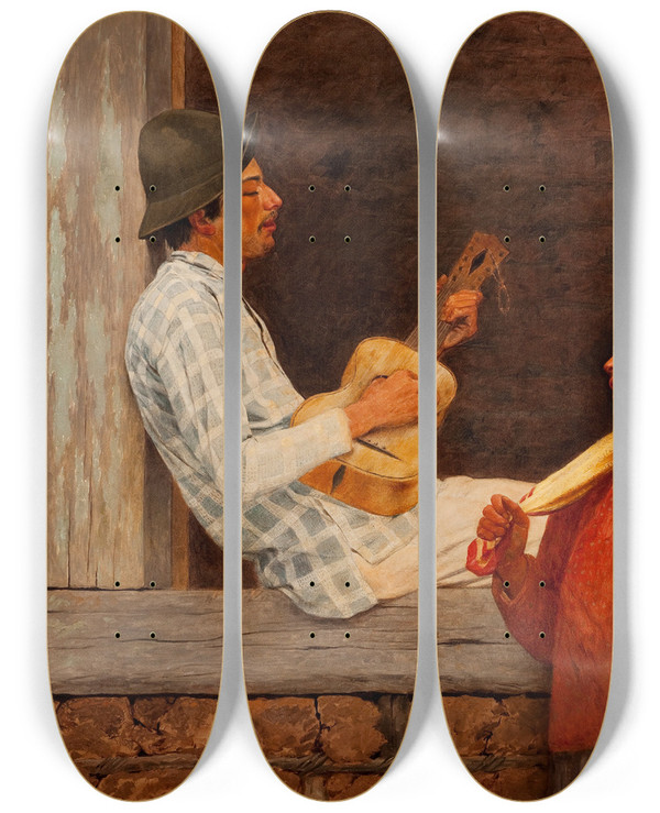 Triptych art skateboard deck of Almeida Jnior The Guitar Player by Almeida Junior (1850-1899)