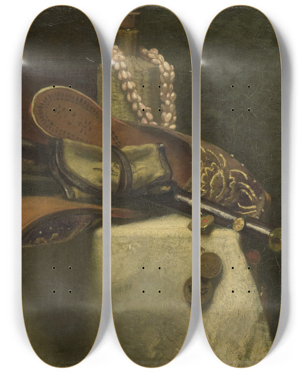 Triptych art skateboard deck of August Alleb Still Life With Oriental Slippers by August Allebe (1838-1927)