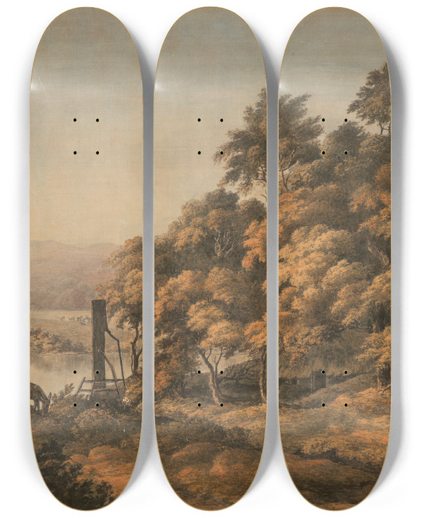 Triptych art skateboard deck of John Glover An Extensive River Landscape With Donkeys by John Glover (1767-1849)