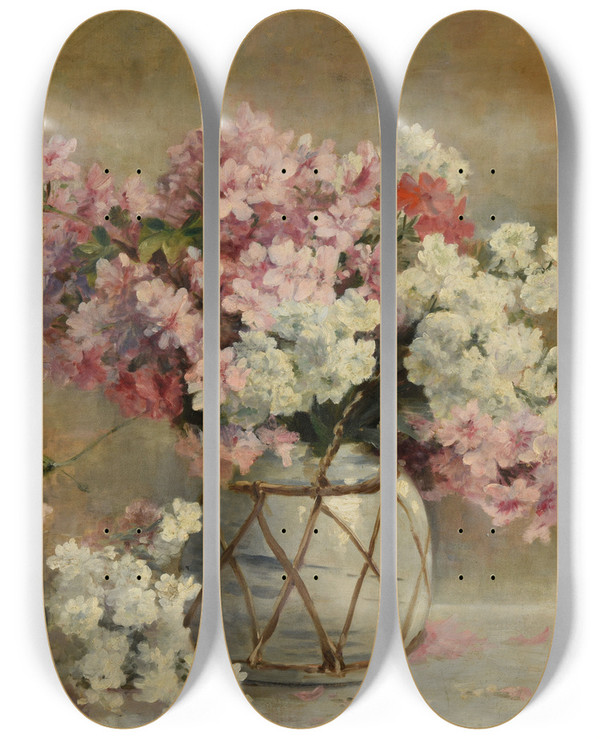 Triptych art skateboard deck of Gaston Lecreux Fleurs_1 by Gaston Lecreux (1846-1914)