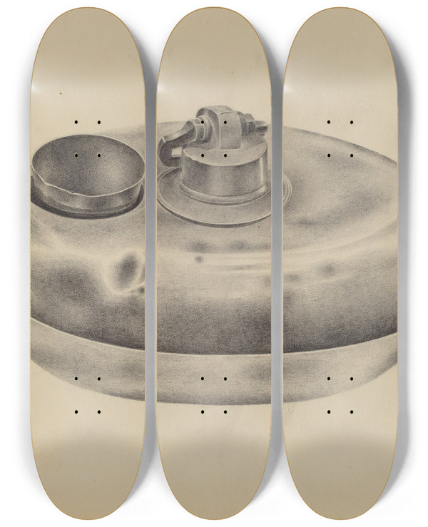 Triptych art skateboard deck of Amelia Tuccio Hot Water Dish And Beaker by Amelia Tuccio (20-)