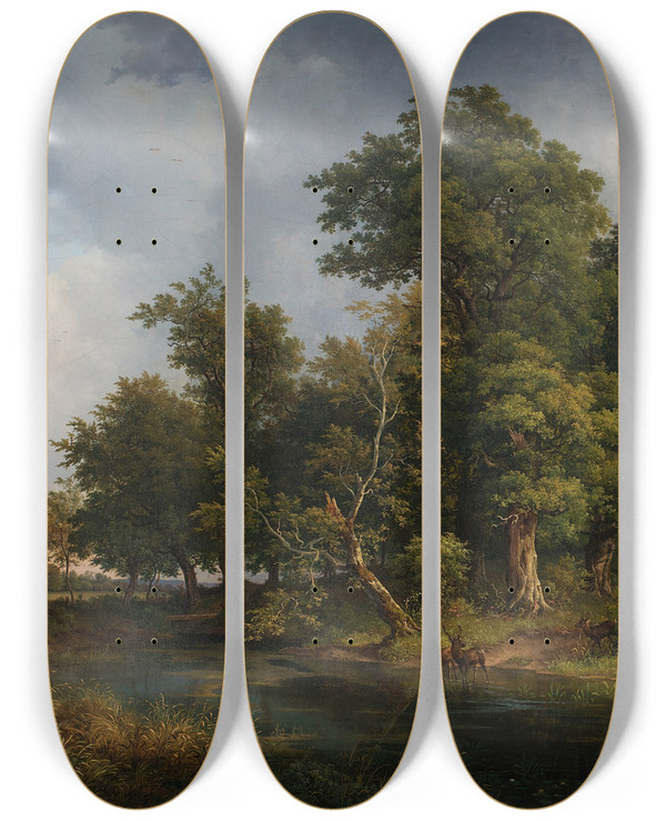 Triptych art skateboard deck of Josef Feid Waldlandschaft by Josef Feid (1806-1870)