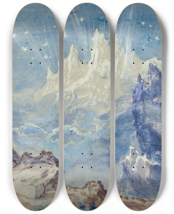 Triptych art skateboard deck of Robert Caney Fantastic Mountainous Landscape With A Starry Sky by Robert Caney (1847-1911)