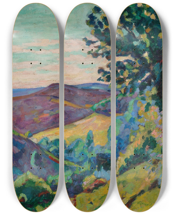 Triptych art skateboard deck of Armand Guillaumin Le Puy Barriou Crozant by Armand Guillaumin (1841-1927)