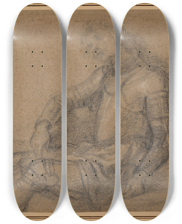 Triptych art skateboard deck of Francesco Curradi Seated Soldier In Armor by Francesco Curradi (1570-1661)