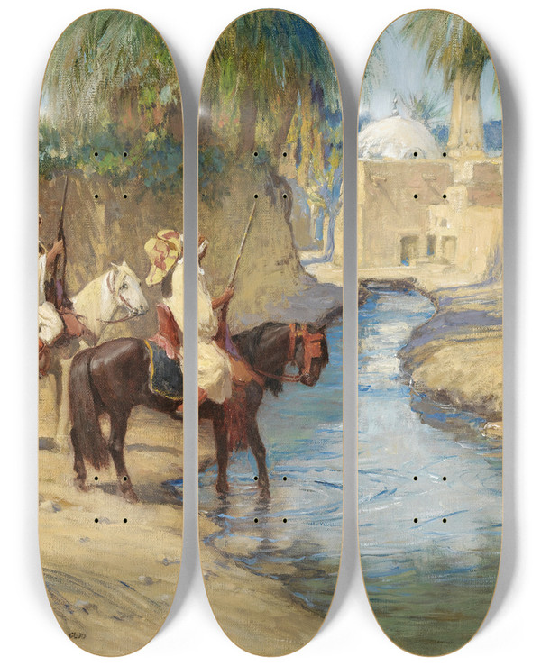 Triptych art skateboard deck of Frederick Arthur Bridgman Return From The Hunt by Frederick Arthur Bridgman (1847-1928)