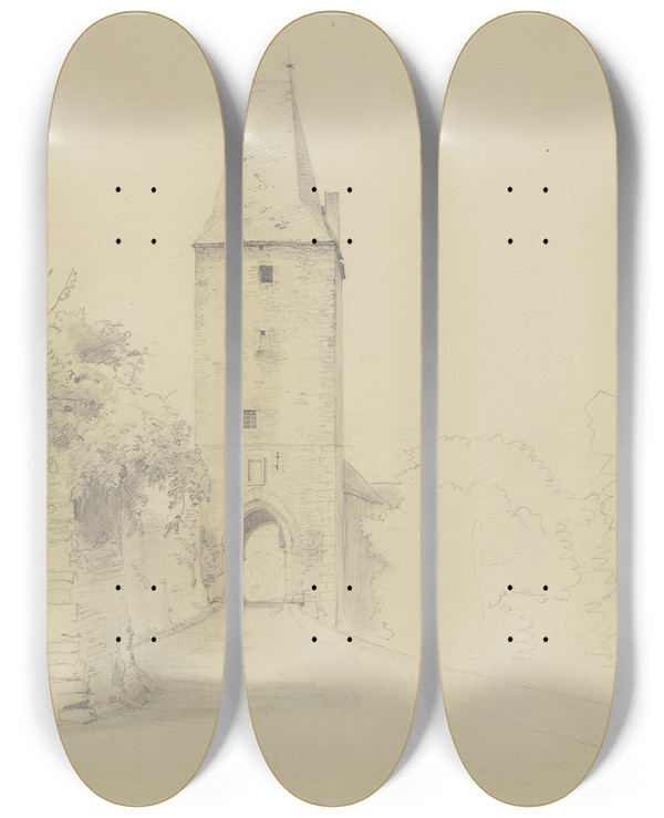 Triptych art skateboard deck of Jakob Becker City Gate by Jakob Becker (1810-1872)