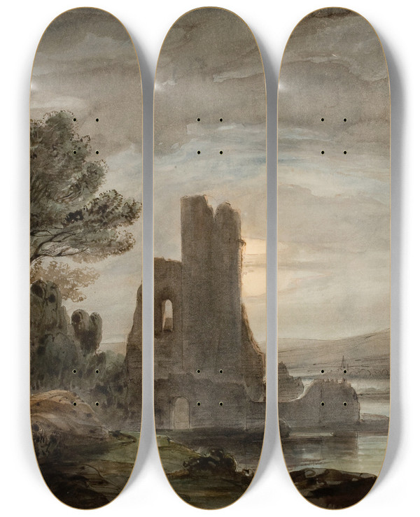 Triptych art skateboard deck of Llus Rigalt Night Landscape With Ruined Monastery by Lluis Rigalt (1814-1894)