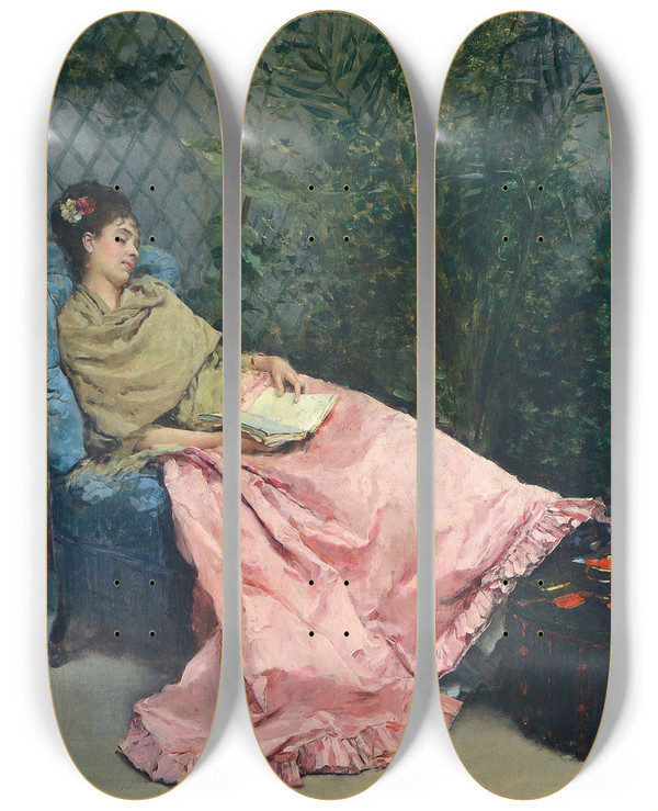 Triptych art skateboard deck of Raimundo De Madrazo Y Garreta Siesta by Raimundo De Madrazo Y Garreta (1841-1920)
