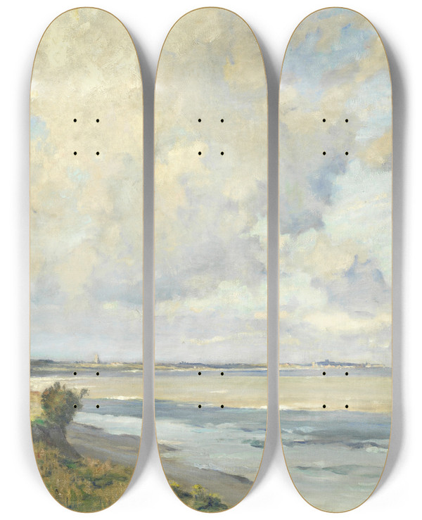 Triptych art skateboard deck of Bertram Priestman The South West Wind Gorleston by Bertram Priestman (1868-1951)