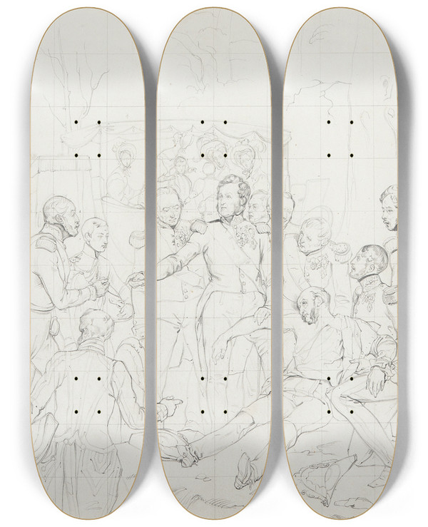 Triptych art skateboard deck of Alfred Johannot King Louisphilippe Tending His Courier Vernet by Alfred Johannot (1800-1837)