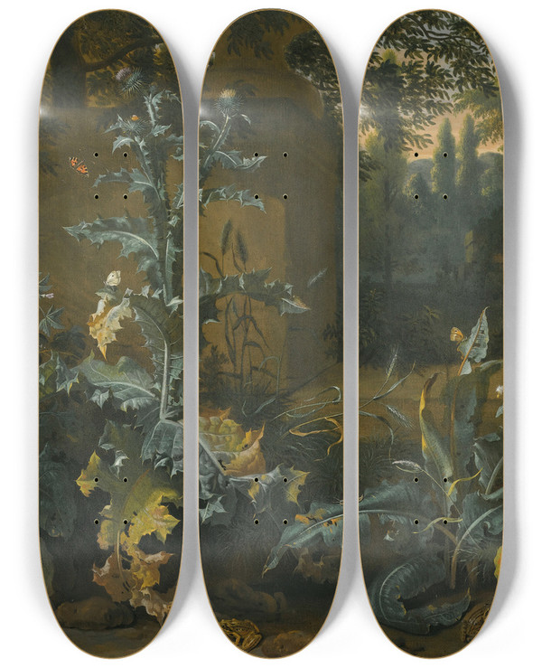 Triptych art skateboard deck of Dirk Maas Thistles Dockand Other Forestfloor Plants In A Parkland Setting With Frogs Butterflies And Snails by Dirk Maas (1659-1717)