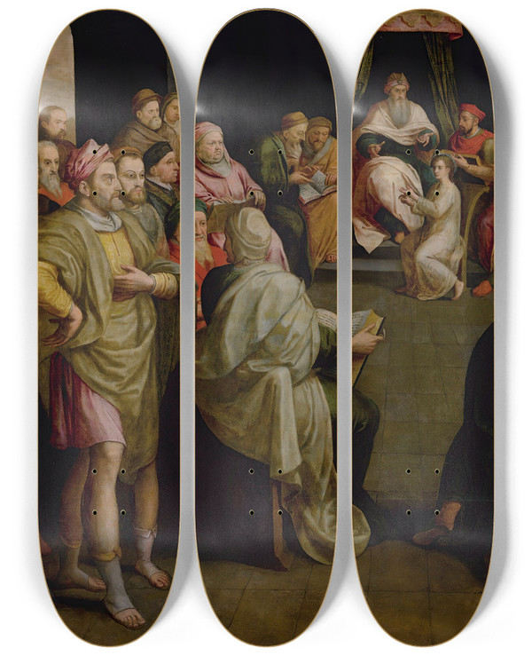 Triptych art skateboard deck of Frans Pourbus The Elder Christ Among The Doctors by Frans Pourbus The Elder (1523-1584)
