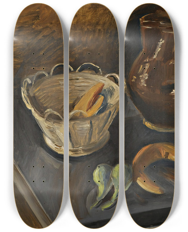 Triptych art skateboard deck of Alfrd Justitz Still Life With White Basket by Alfred Justitz (1879-1934)