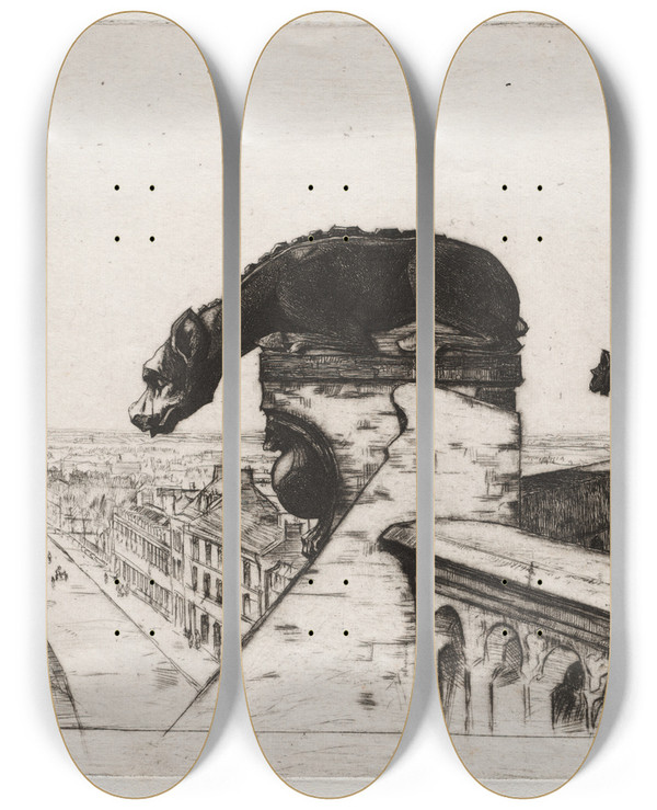Triptych art skateboard deck of David Young Cameron The Wingless Chimera by David Young Cameron (1865-1945)
