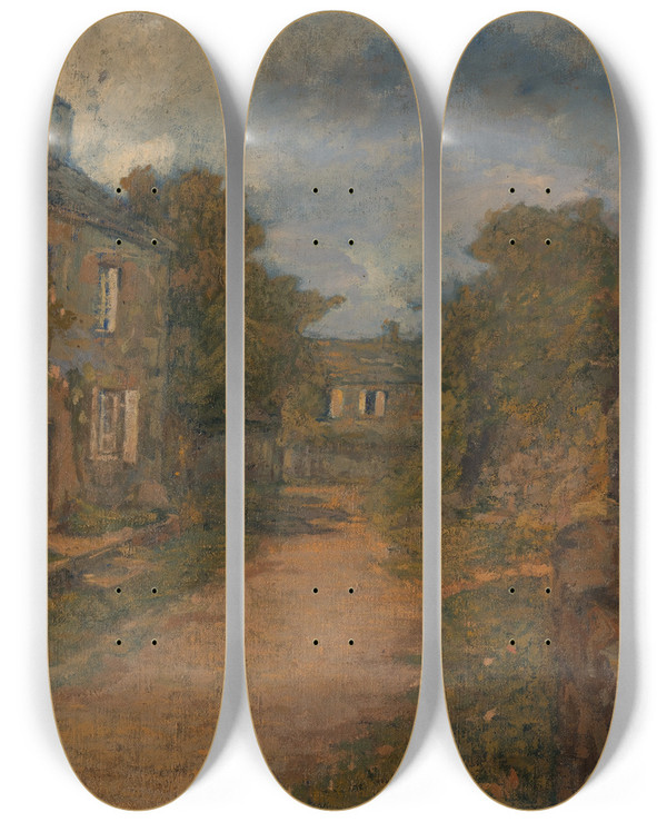Triptych art skateboard deck of Frank Edwin Scott Maison De Millet by Frank Edwin Scott (1863-1929)