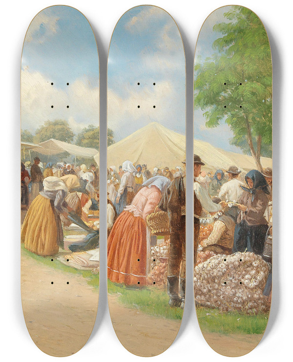 Triptych art skateboard deck of Hermann Reisz Vegetable Market by Hermann Reisz (1865-1920)