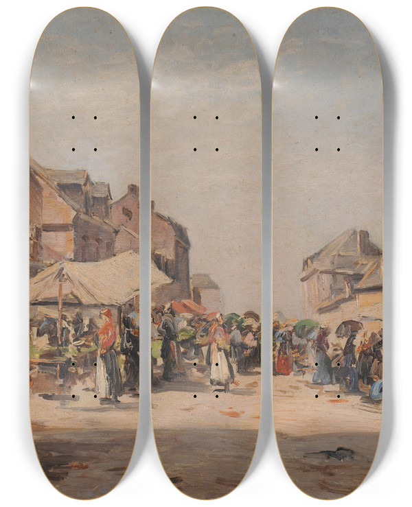 Triptych art skateboard deck of Louis Braquaval Le March De Cayeuxsurmer by Louis Braquaval (1854-1919)