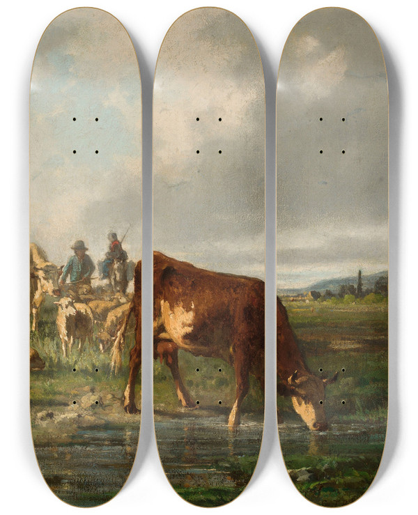 Triptych art skateboard deck of Constant Troyon Cattle At The Waterhole by Constant Troyon (1810-1865)