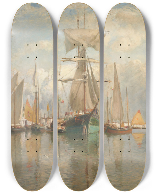 Triptych art skateboard deck of Sir David Murray Shipping Venice by Sir David Murray (1849-1933)