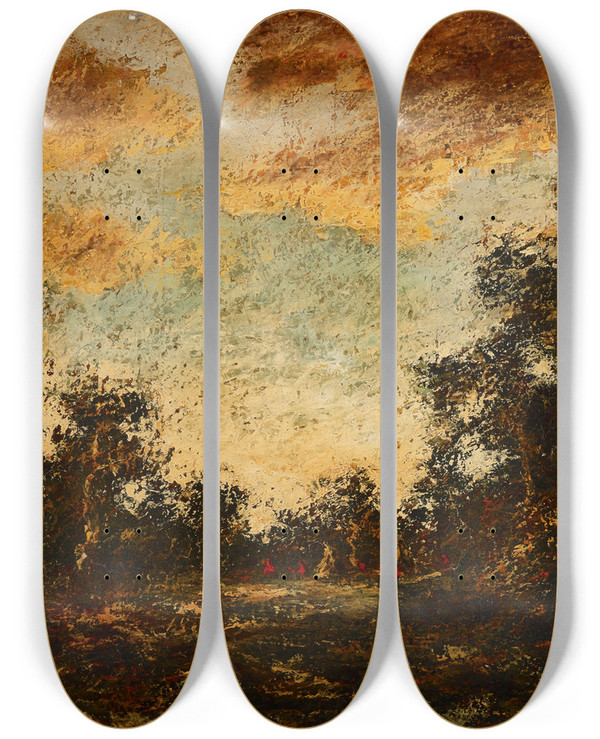 Triptych art skateboard deck of Ralph Albert Blakelock Morning Light by Ralph Albert Blakelock (1847-1919)