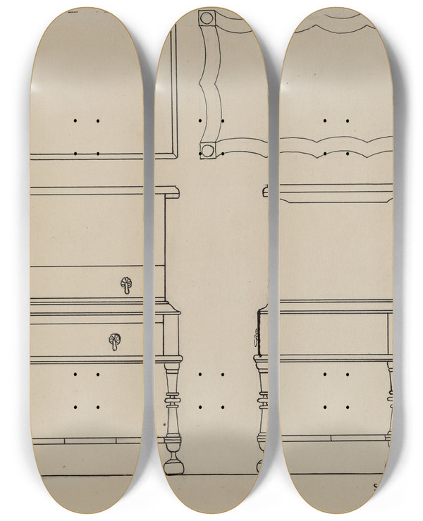 Triptych art skateboard deck of Lorenz Rothkranz Box Desk On Frame by Lorenz Rothkranz
