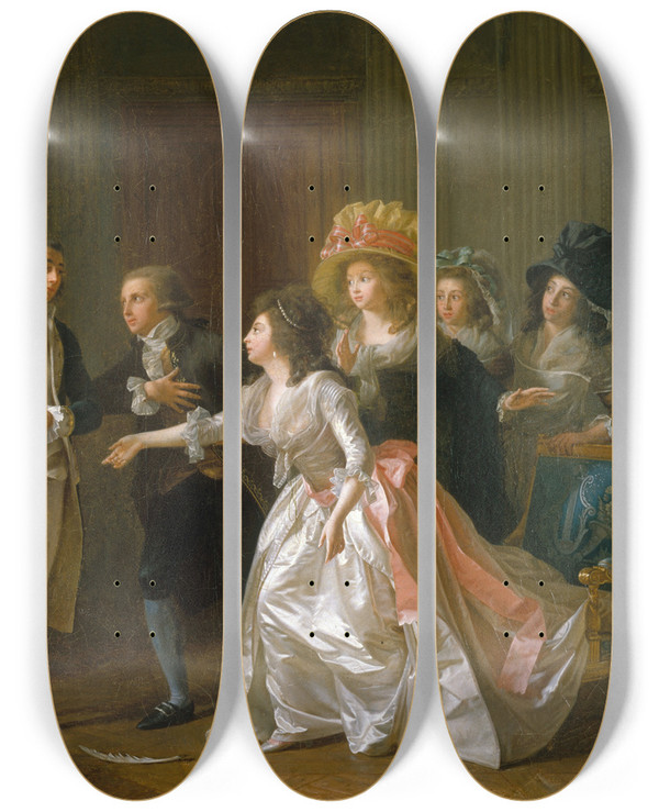 Triptych art skateboard deck of Michel Garnier Le Contrat De Mariage Interrompu by Michel Garnier (1753-1819)