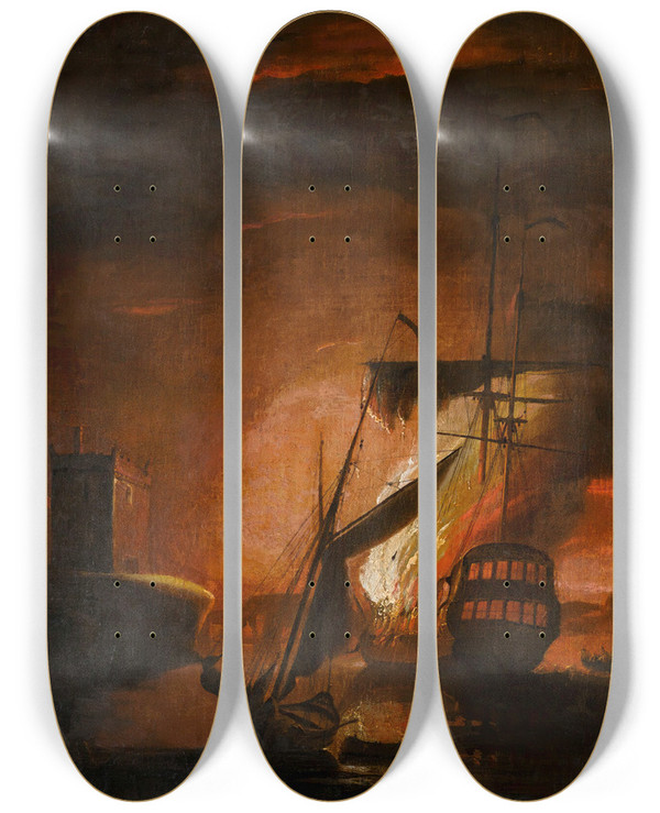 Triptych art skateboard deck of Peter Monamy A Ship On Fire At Night by Peter Monamy (1681-1749)