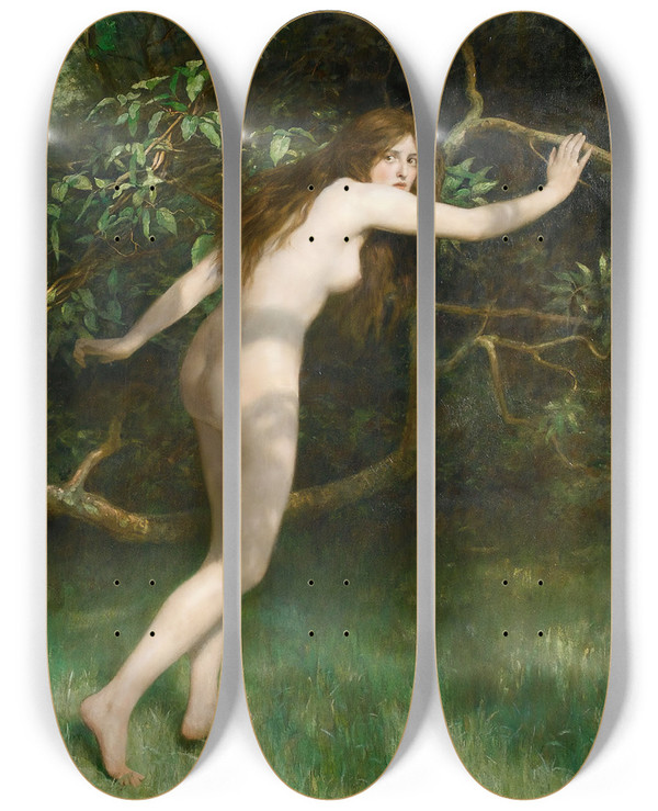Triptych art skateboard deck of John Collier Eve by John Collier (1850-1934)