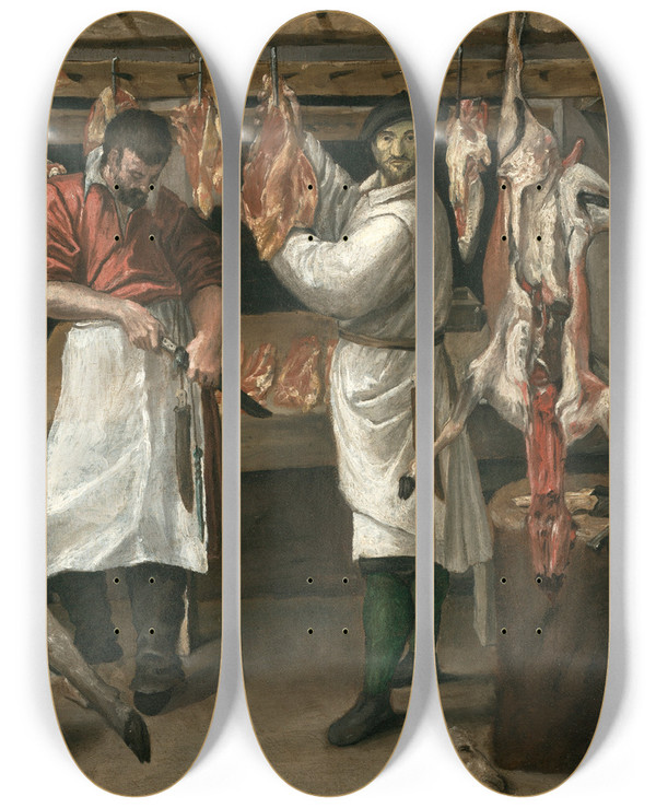 Triptych art skateboard deck of Annibale Carracci The Butchers Shop by Annibale Carracci (1560-1609)