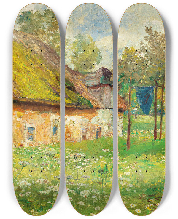 Triptych art skateboard deck of Marie Egner Drying Laundry by Marie Egner (1850-1940)