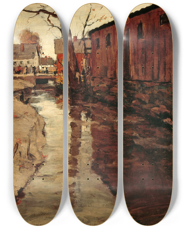 Triptych art skateboard deck of Jonas Lie Millrace by Jonas Lie (1880-1940)