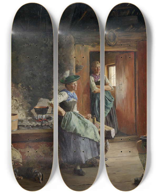 Triptych art skateboard deck of Emil Rau Besuch Auf Der Alm_2 by Emil Rau (1858-1937)
