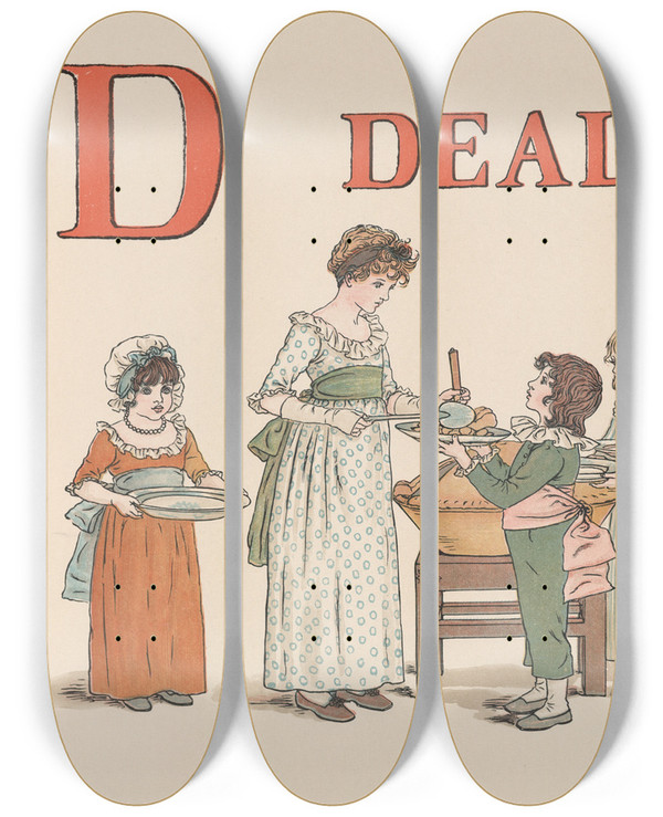 Triptych art skateboard deck of Kate Greenaway A Apple Pie Pl 04 by Kate Greenaway (1846-1901)