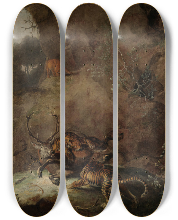 Triptych art skateboard deck of Carl Borromus Andreas Ruthart Zwei Tiger Einen Hirsch Reiend by Carl Borromaus Andreas Ruthart (1630-1703)