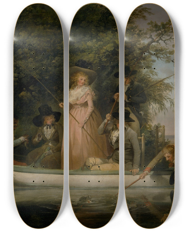 Triptych art skateboard deck of George Morland A Party Angling by George Morland (1763-1804)