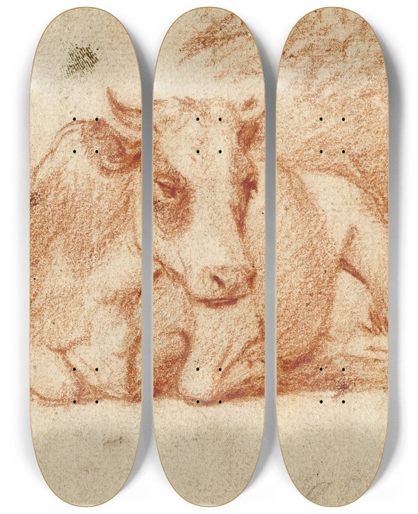 Triptych art skateboard deck of Barend Hendrik Thier Liggende Koe by Barend Hendrik Thier (1751-1814)