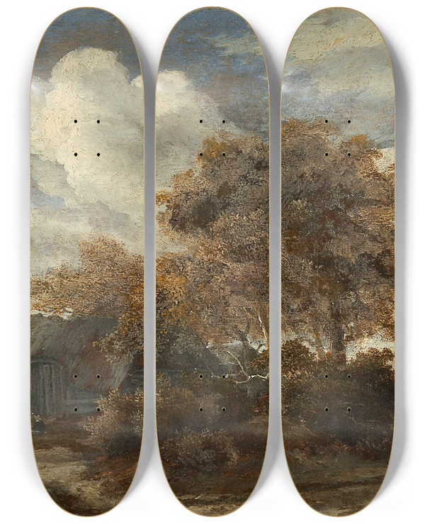 Triptych art skateboard deck of Meindert Hobbema Hut Along A Roadside by Meindert Hobbema (1638-1709)