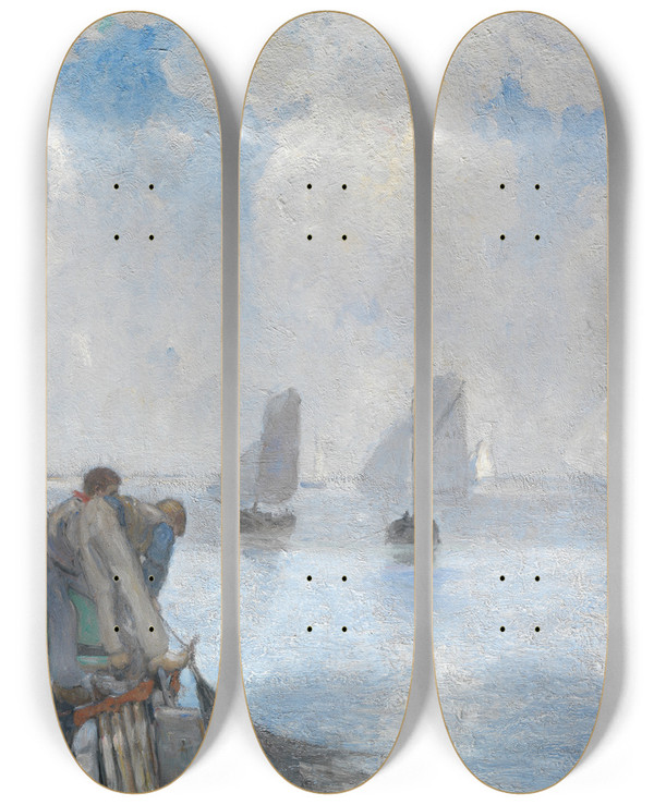 Triptych art skateboard deck of Richard Baseleer Shrimpers On The Lower Scheldt by Richard Baseleer