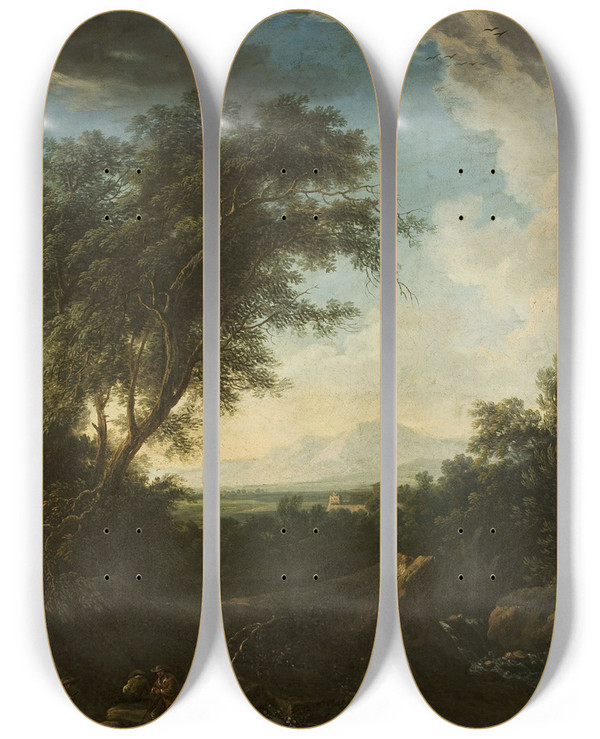Triptych art skateboard deck of Cornelis Huysmans Landscape_2 by Cornelis Huysmans (1648-1727)